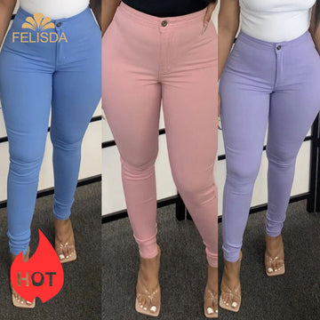 Plus Size S-3XL Solid Stretchy Pencil Pants Women Button Fly Highly Elastic Slim Ankle Length Women Trousers