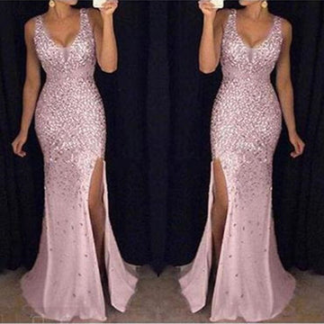 Women's Plus Size Long Evening Slit Sleeveless Dress Prom Dresses Party Maxi Sequin Evening Dress