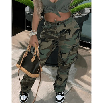 Stylish Streetwear Ladies Camo Camouflage Printed Cargo Pants With Pocket Women Casual High Waist Straight Leg Cargo Pants