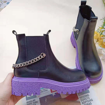 JANHE bottes femme botas de mujer Fashion Platform Chelsea Purple Heel Ankle boots Ladies Shoes Leather Women Flat Boots