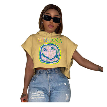 Summer Smiling Face Printed Sweater Hooded Crop Top Short Sleeve Graphic Print T Shirt Women 2023