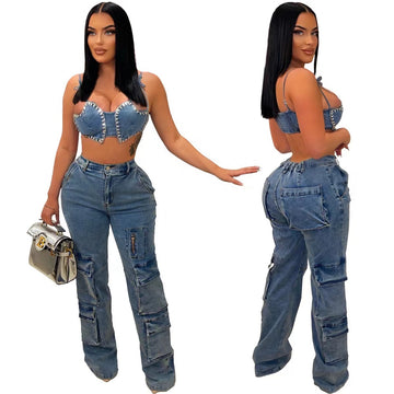 ZHEZHE American clothing high street wear straight leg jeans women cargo pants with pockets fashion denim pants for ladies