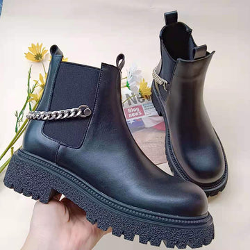 JANHE bottes femme botas de mujer Fashion Platform Chelsea Purple Heel Ankle boots Ladies Shoes Leather Women Flat Boots