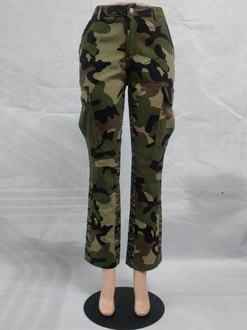 Stylish Streetwear Ladies Camo Camouflage Printed Cargo Pants With Pocket Women Casual High Waist Straight Leg Cargo Pants