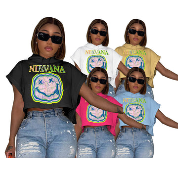 Summer Smiling Face Printed Sweater Hooded Crop Top Short Sleeve Graphic Print T Shirt Women 2023